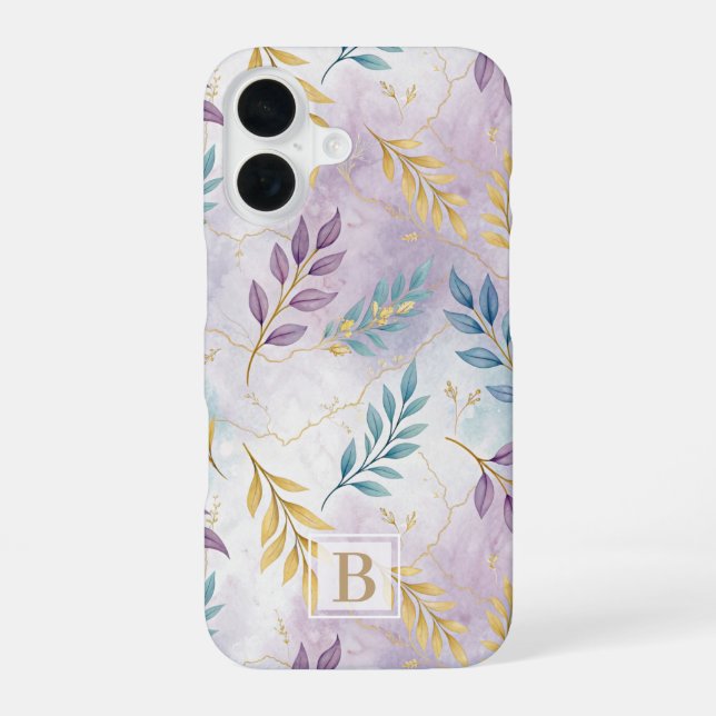 Elegant Gold Botanical Marble Mongram iPhone 16 Case (Back)