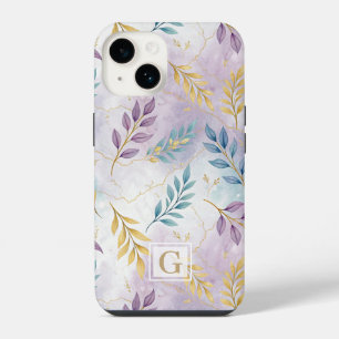 Elegant Gold Botanical Marble Mongram iPhone 14 Case