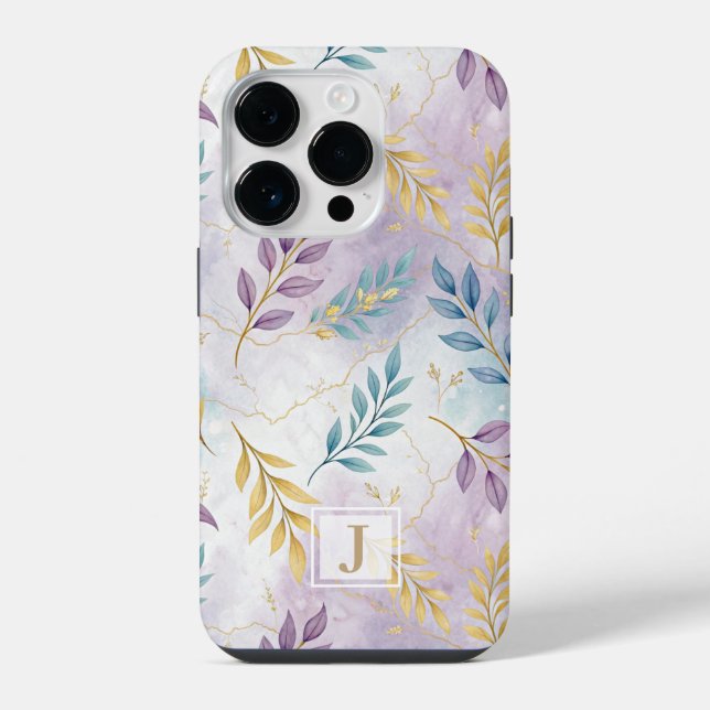 Elegant Gold Botanical Marble Mongram iPhone Case (Back)