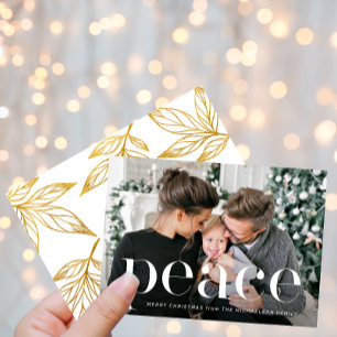 Elegant Gold Botanical One Photo Peace Christmas Holiday Card