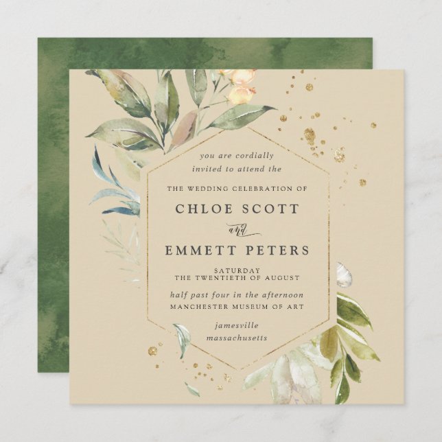Elegant Gold Botanical Square Wedding Invitation (Front/Back)
