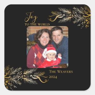 Elegant Gold Botanical Unique Joy Christmas Photo Square Sticker