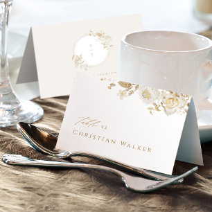 Elegant Gold Botanical Wreath Monogram Place Card