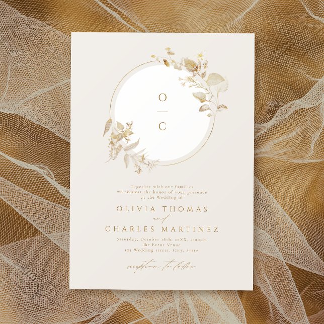 Elegant Gold Botanical Wreath Monogram Wedding Invitation (Elegant Gold Botanical Wreath Monogram Wedding Invitation)