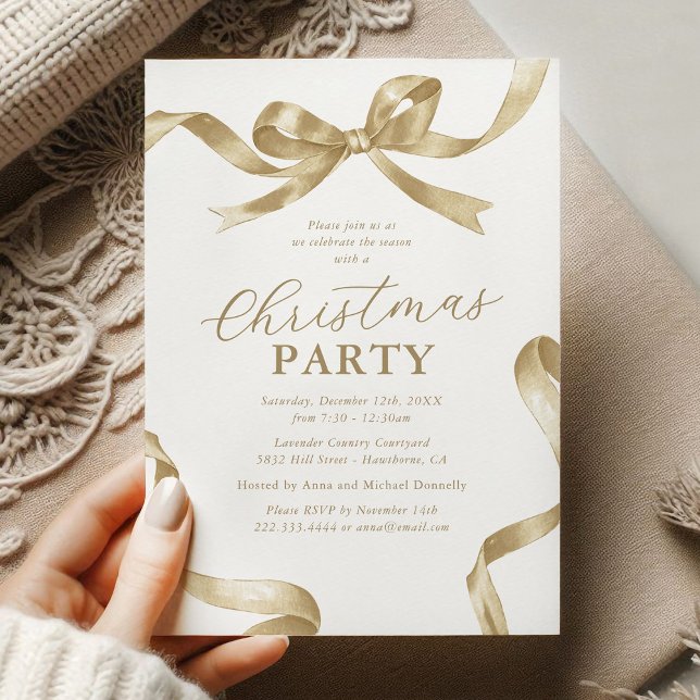 Elegant Gold Bow Christmas Holiday Party Invitation (Creator Uploaded)
