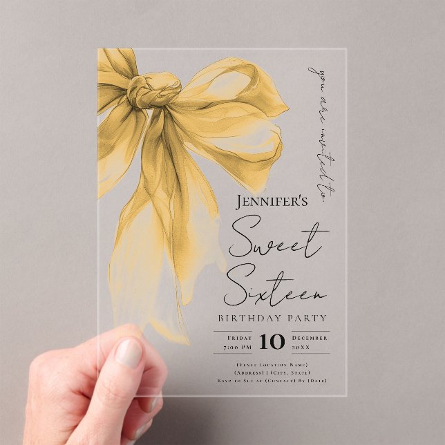 Elegant Gold Bow Coquette Script Sweet 16 Party Acrylic Invitations (Insitu (Handheld))