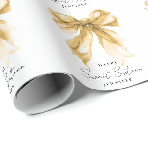 Elegant Gold Bow Coquette Script Sweet 16 Party  Wrapping Paper