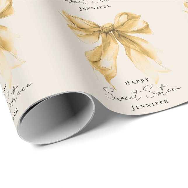 Elegant Gold Bow Coquette Script Sweet 16 Party  Wrapping Paper (Roll Corner)