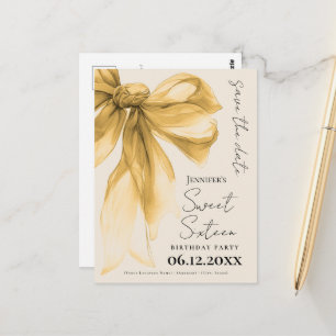 Elegant Gold Bow Coquette Sweet 16 Save the Date Postcard