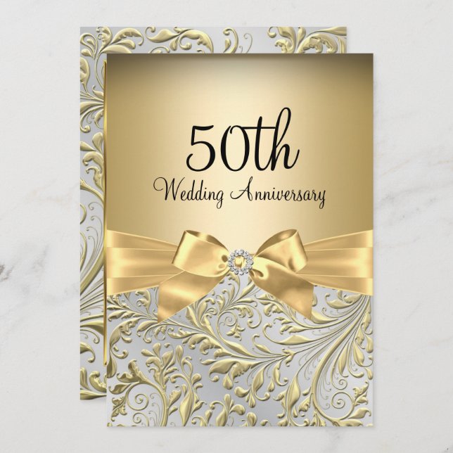 Elegant Gold Bow Floral Swirl 50th Anniversary Invitation (Front/Back)