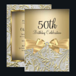 Elegant Gold Bow Floral Swirl 50th Birthday Party Invitation<br><div class="desc">Elegant Gold Bow Floral Swirl 50th Birthday Party Invitation. Elegant gold diamond bow & floral swirl design. Please note: All flat images! They do not have real jewels!</div>