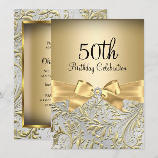 Elegant Gold Bow Floral Swirl 50th Birthday Party Invitation