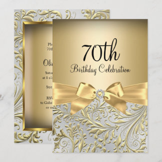 Elegant Gold Bow Floral Swirl 70th Birthday Party Invitation