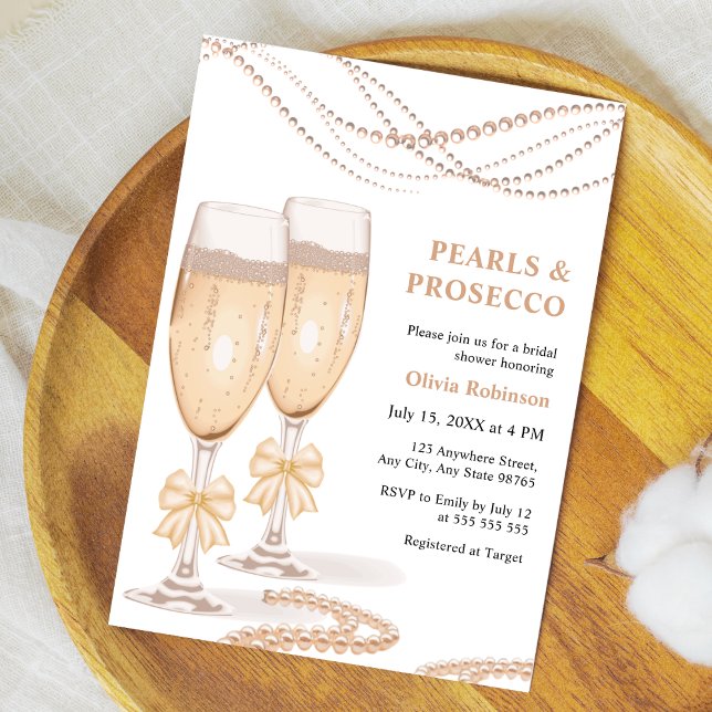 Elegant Gold Bow Pearls and Prosecco Bridal Shower Invitation (Elegant Gold Bow Pearls and Prosecco Bridal Shower Invitation    )