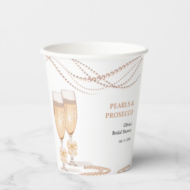 Elegant Gold Bow Pearls and Prosecco Bridal Shower Paper Cups (Front)