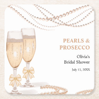 Elegant Gold Bow Pearls and Prosecco Bridal Shower Square Paper Coaster