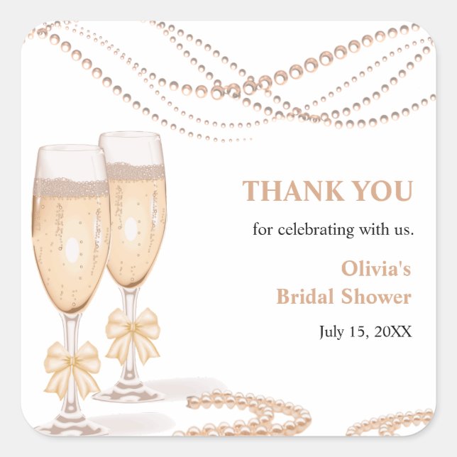 Elegant Gold Bow Pearls and Prosecco Bridal Shower Square Sticker (Front)