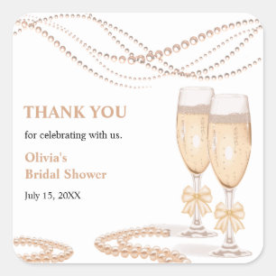 Elegant Gold Bow Pearls and Prosecco Bridal Shower Square Sticker
