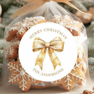 Elegant Gold Bow Personalised Christmas Classic Round Sticker