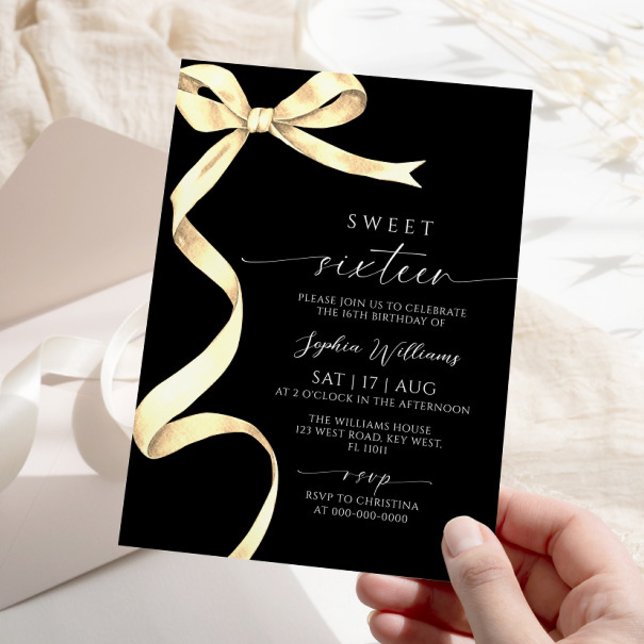 Elegant Gold Bow Sweet 16 Birthday Invitation (Creator Uploaded)