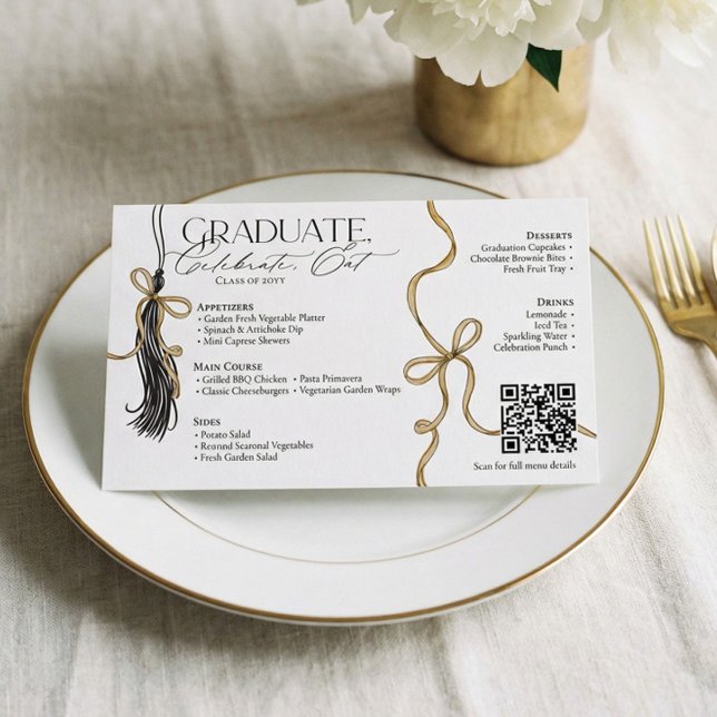 Elegant Gold Bow & Tassel Graduation Party Menu (Elegant Gold Bow Tassel Graduation Dinner Party Flyer)