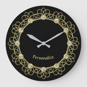 Elegant Gold Braid Border & Diamonds Personalise Large Clock