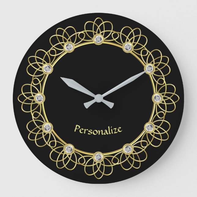 Elegant Gold Braid Border & Diamonds Personalise Large Clock (Front)