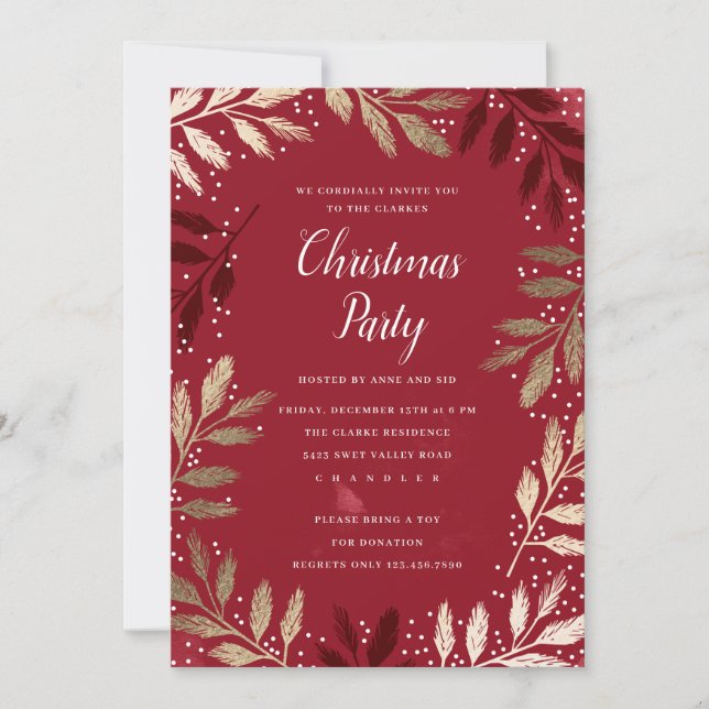 Elegant Gold Branch Foliage Christmas Party Invitation (Front)