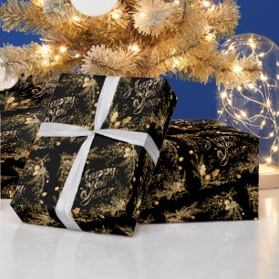 Elegant Gold Branch Pattern Happy New Year Wrapping Paper