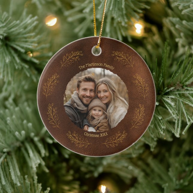 Elegant Gold Branches Family Photo Christmas Brown Ceramic Ornament (Tree)