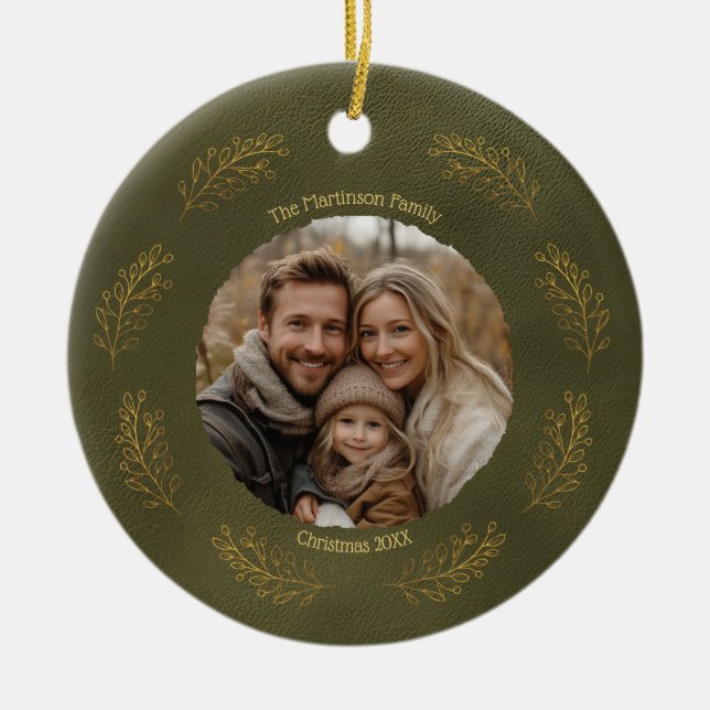 Elegant Gold Branches Family Photo Christmas  Ceramic Ornament (Front)