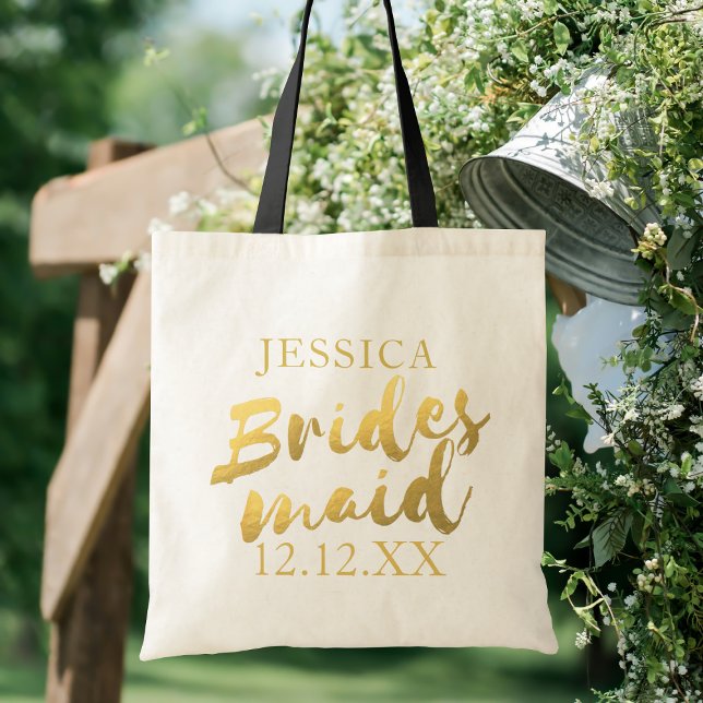 Elegant Gold Bridesmaid Wedding Tote Bag (Add her name and your wedding date to this elegant gold Bridesmaid Tote Bag)