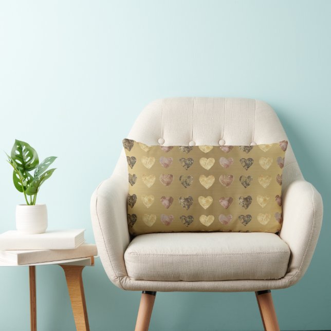 Elegant Gold Brown Beige Hearts Pattern  Lumbar Cushion (Chair)