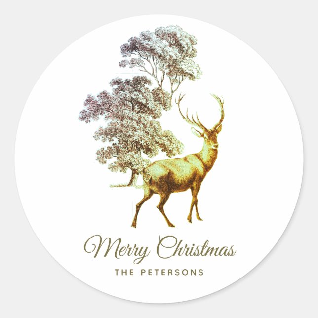 Elegant Gold Brown Deer in Forest Name Classic Round Sticker (Front)