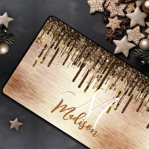 Elegant gold brown drips glitter monogram desk mat
