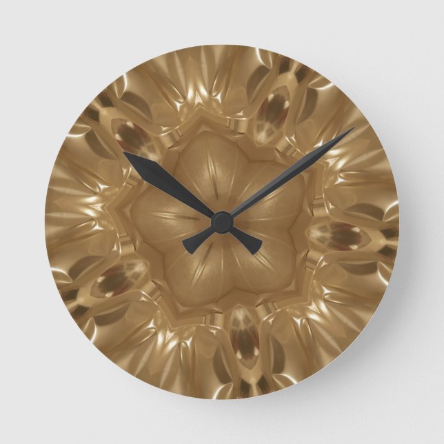 Elegant Gold Brown Kaleidoscope Star Design Round Clock (Front)