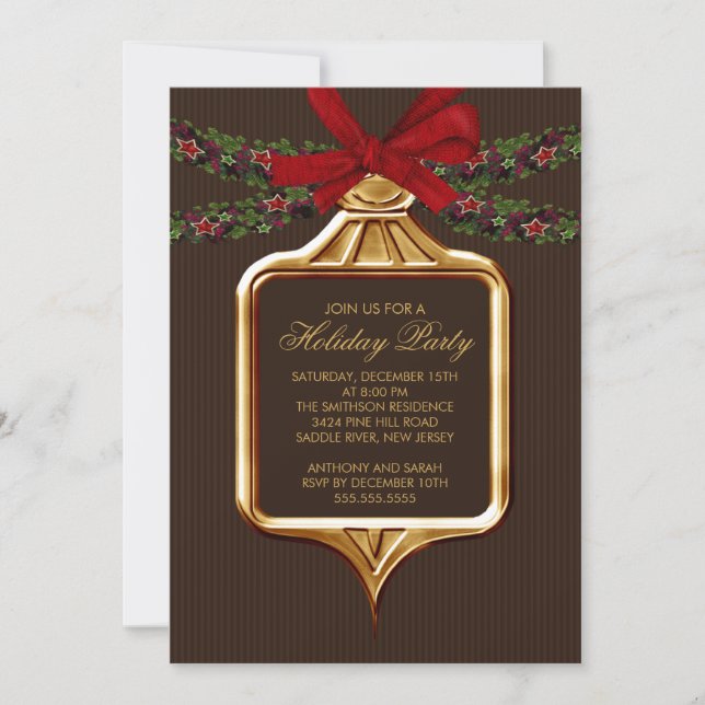 Elegant Gold Brown Ornament Christmas Invitation (Front)