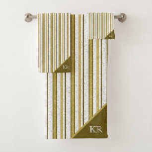 Elegant Gold Brown Stripes Modern Monogrammed Bath Towel Set