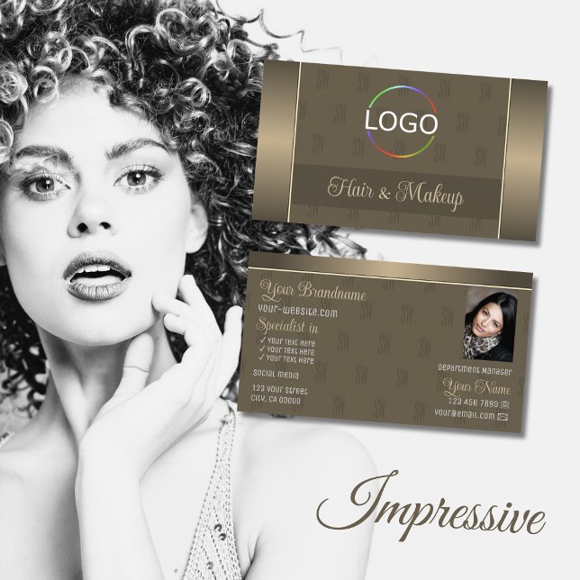 Elegant Gold Brown Stylish with Logo and Photo Business Card (Creator Uploaded)