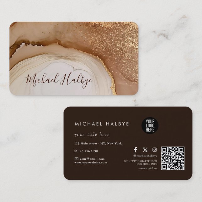 Elegant Gold brown Watercolor Agate Professional Business Card (Front/Back)