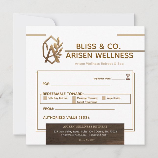 Elegant Gold & Brown Wellness Spa Gift Certificate (Front)