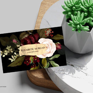 Elegant Gold Brush Stroke,Burgundy Flowers  Business Card