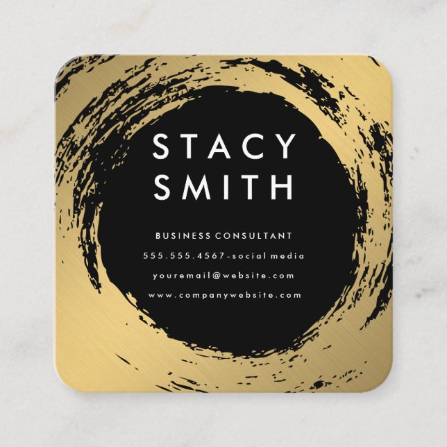 Elegant Gold Brushed Black Background Square Business Card (Front)
