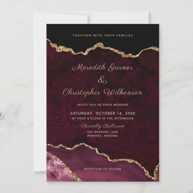 Elegant Gold Burgundy Agate Wedding Invitation (Front)