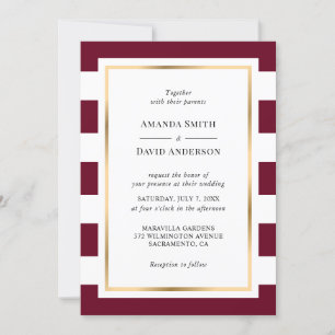 Elegant Gold Burgundy and White Striped Wedding Invitation