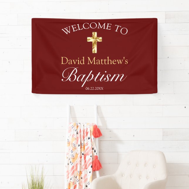Elegant Gold Burgundy Baby Baptism Welcome Banner (Insitu)