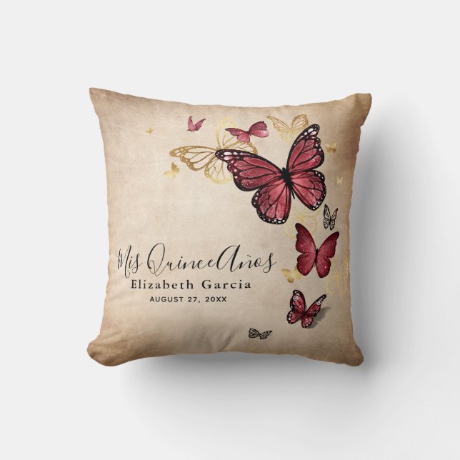 Elegant Gold Burgundy Butterfly Mis Quince Anos Cushion (Front)