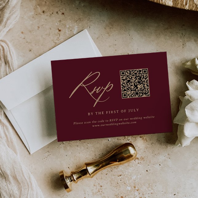Elegant Gold Burgundy Calligraphy Wedding QR code RSVP Card (Creator Uploaded)