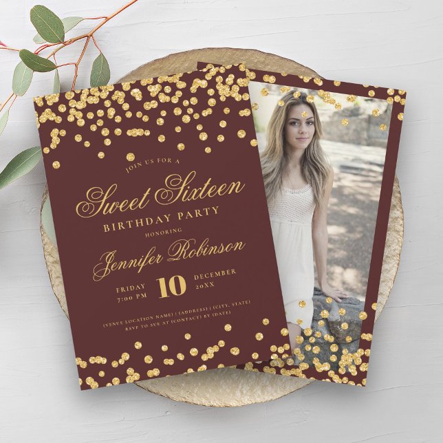 Elegant Gold Burgundy Confetti Photo Sweet 16   Invitation (Elegant Gold Burgundy Confetti Photo Sweet 16 Invitation)