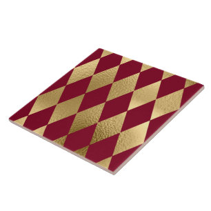 Elegant Gold Burgundy Diamond Pattern  Ceramic Tile